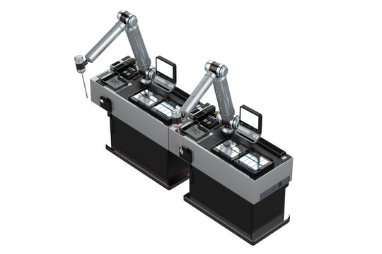 3d rendering robotic arms with control panels isolated