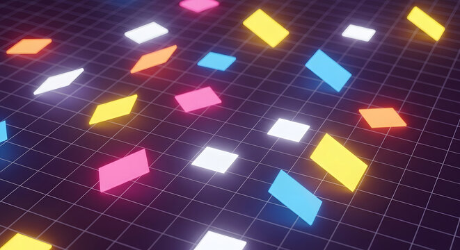 Abstract Neon Tiles on Grid Floor