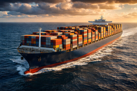 Large container ship sailing in the ocean at sunset, global logistics and maritime transportation concept