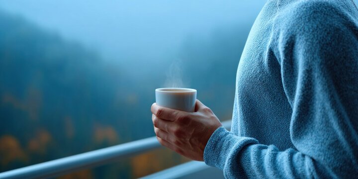Person holding a steaming cup of coffee on a misty morning balcony overlooking mountains