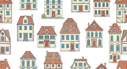 Fototapeta premium Charming European Townhouses Pattern, Old Architecture, Hand-Drawn Style