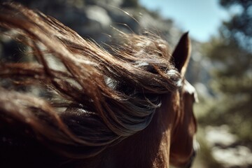 Naklejka premium Horse running outdoors with brown mane blowing freely in sunlight