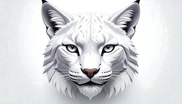 A detailed digital illustration of a lynx head, rendered with striking white fur and piercing blue eyes, set against a white background