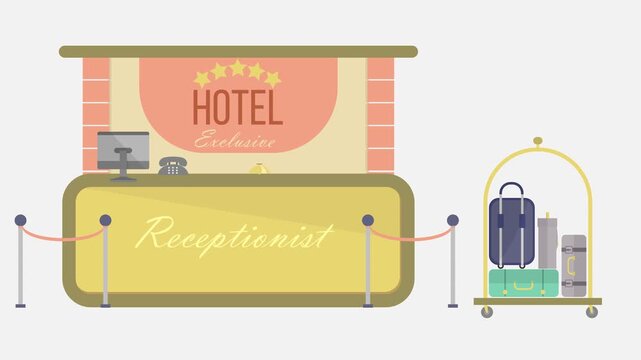 Five Star Hotel Reception Desk with Luggage Cart and Bellboy Bell Flat Design Illustration