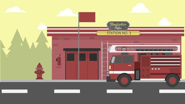 Flat Design Fire Station Building Exterior with Hydrant Ladder and Fire Extinguishers Ready for