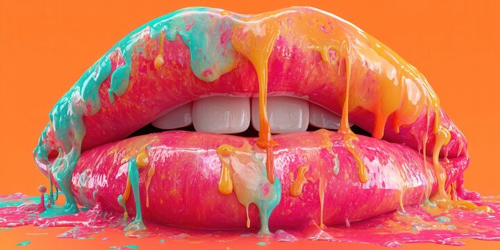 Vibrant lips covered in dripping colorful paint against a bright orange background