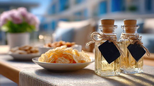 Chalkboard tags on glass bottles at buffet with snacks and outdoor setting