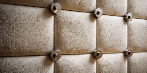 Fototapeta premium Close-up of a beige tufted upholstery with metal buttons, showing texture and detail