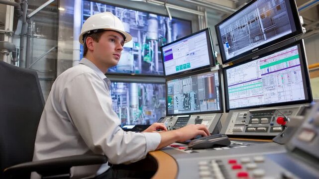 An expert from a photovoltaics facility is examining a computer screen while modifying system settings.