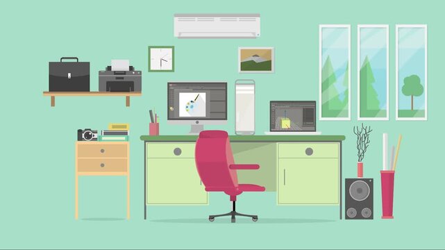 Modern Flat Design Office Workspace Computer Laptop Printer Camera Desk Setup Creative Digital