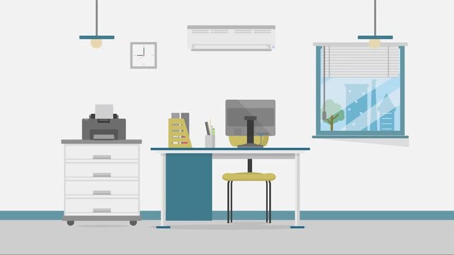 Modern Flat Design Office Workspace with Computer Printer and City View Window