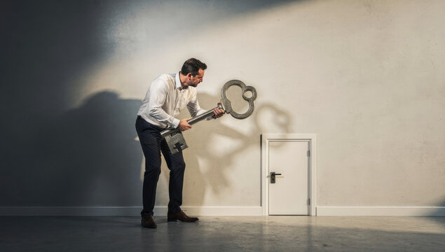 Photorealistic Conceptual Image of a Person Holding a Massive Metal Key Trying to Unlock a Very Small Door on a Plain Wall