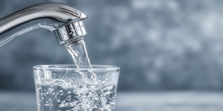 Close-up of a chrome faucet pouring fresh drinking water into a glass with visible bubbles