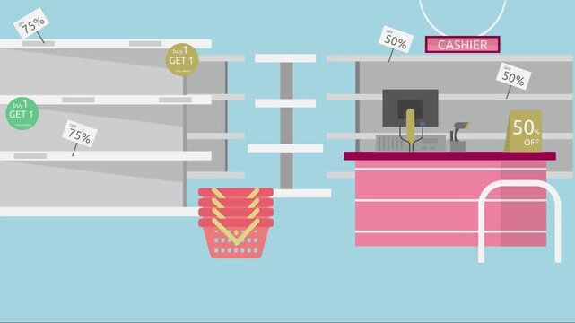 Retail Store Sale Promotion Empty Shelves Cashier Counter with Discounts Buy One Get One Offer