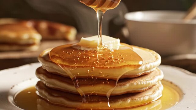Close up of delicious sweet pancake stack with golden honey pouring over. Warm breakfast food from comforting home cooking for perfect meal