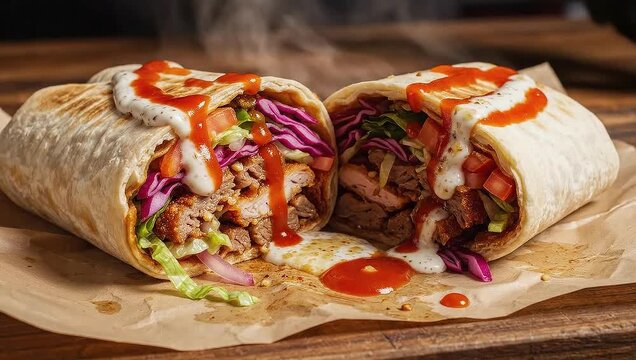 Steaming Gourmet Burrito with Drizzled Sauce Close Up on Wooden Table