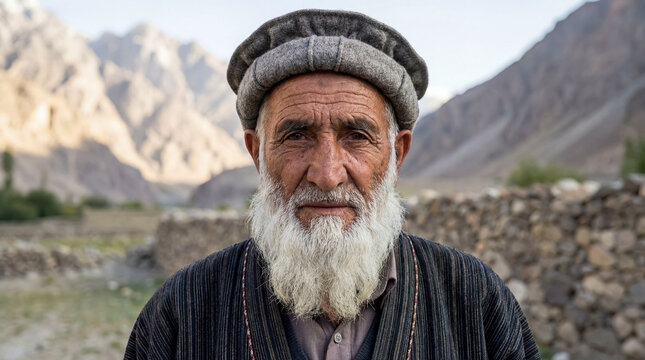 Afghan elderly man white beard pakol hat traditional clothing mountain background strong portrait weathered expressive face dignity and wisdom highland village culture of Central Asian nomadic people