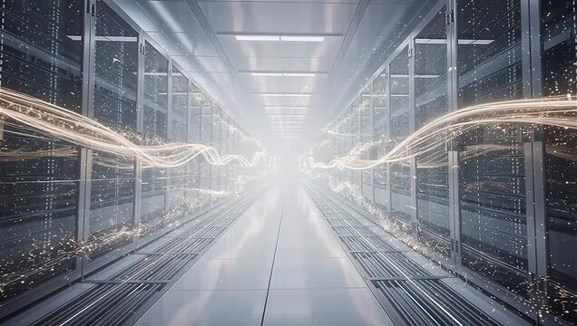Abstract visualization of a massive data center with rows of glowing server structures, streams of light representing data flowing between racks, cool blue and white tones, slow camera drift