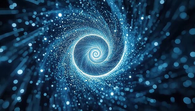 Spinning vortex made of glowing data lines and particles converging into a bright central core, continuous inward and outward flow, blue and white energy tones