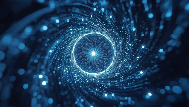 Spinning vortex made of glowing data lines and particles converging into a bright central core, continuous inward and outward flow, blue and white energy tones