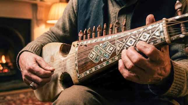 Afghan rubab traditional string instrument played by musician near fireplace wooden inlaid lute cultural folk music heritage performance atmospheric warm cozy home setting authentic sound scene