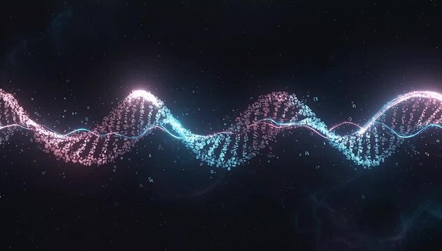 Double helix structure made of glowing data particles and light strands, slowly rotating while data pulses travel along the strands, blue and pink tones, symbolizing data encoding and bioinformatics