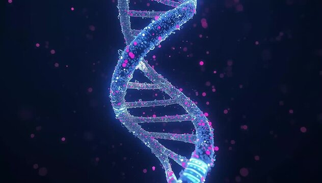 Double helix structure made of glowing data particles and light strands, slowly rotating while data pulses travel along the strands, blue and pink tones, symbolizing data encoding and bioinformatics