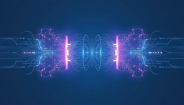 Two identical glowing structures exchanging synchronized streams of data in real time, mirrored motion and perfect alignment, subtle pulsing signals between them, blue and violet tones