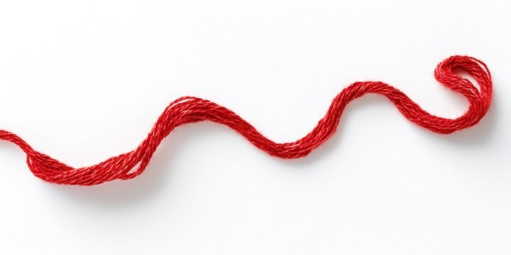 A single strand of vibrant red thread curves gracefully across a clean white background