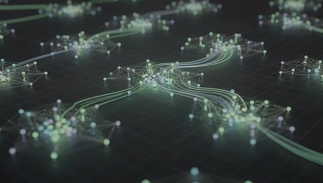 Distributed network of small glowing nodes connected across a wide space, data moving between nodes locally instead of a central hub, soft green and blue tones, smooth decentralized motion