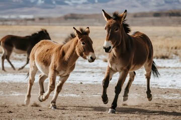 Naklejka premium Wild donkeys running across a dry, open landscape with mountains in the background