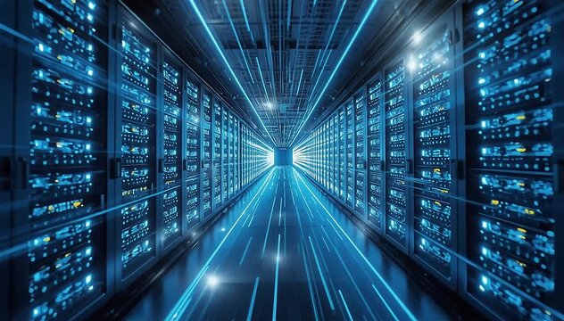 Abstract visualization of a massive data center with rows of glowing server structures, streams of light representing data flowing between racks, cool blue and white tones, slow camera drift