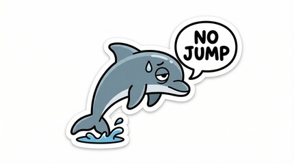 Naklejka premium Cartoon dolphin with sad expression and speech bubble saying 