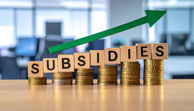 Holzklötze bilden das Wort "Subsidies" auf Münzstapel , mit einen steigenden grünen Pfeil.