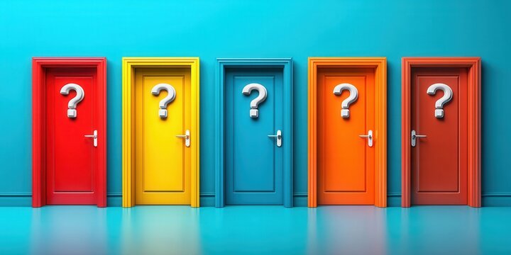 Five colorful doors with question marks, representing choices and decisions