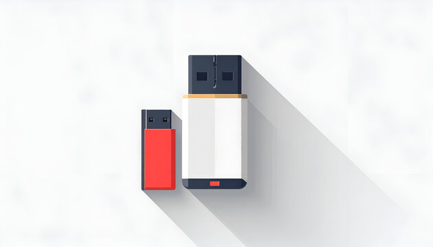 USB drives with modern flat design; small red flash drive and bigger white flash drive