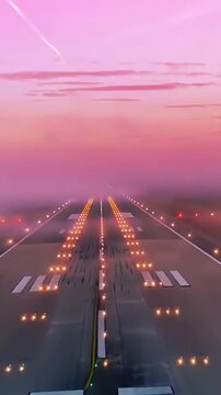 Vertical pov from cockpit of airplane landing on foggy runway with orange and pink sunset in Milan, Italy