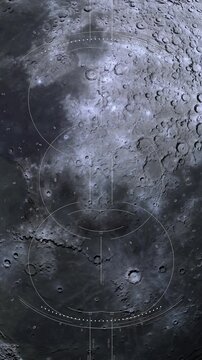 Vertical animation of futuristic heads up display with circular elements scanning craters on moon surface