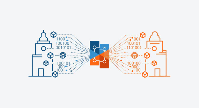 Business partnership and communication concept with buildings and network connections