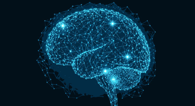 Digital brain illustration with glowing blue connections and nodes
