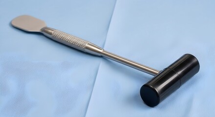 Naklejka premium A medical instrument with a flat metal blade and black handle on a blue surface