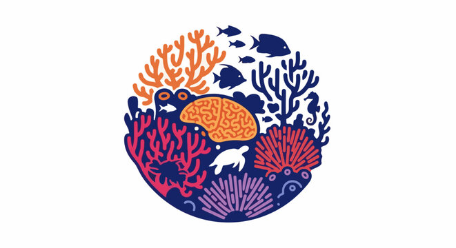 Stylized underwater scene with brain, sea life, and coral formations