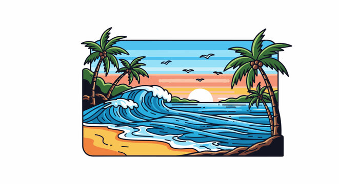 Tropical beach scene with crashing waves, palm trees, and sunset