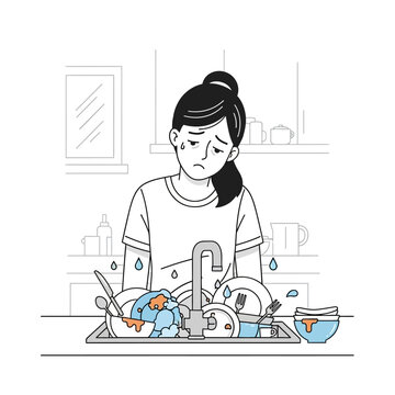 Frustrated Woman Doing Dishes, Pile of Dirty Kitchenware in Sink