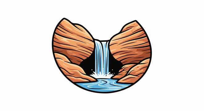 Stylized waterfall cascading between rocky canyon walls into a pool