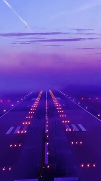 Vertical pov from cockpit of airplane landing on foggy runway with purple and violet dusk colors in Milan, Italy