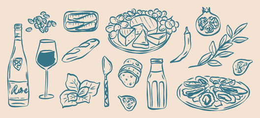 Fototapeta na wymiar Flat vector doodle mediterranean food collection