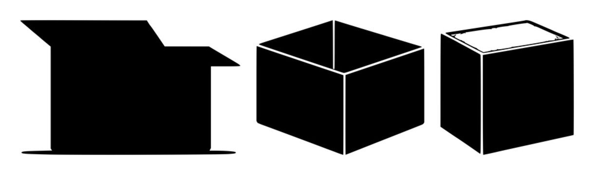 Solid black icon, white background: container software box icon set with simple line art design featuring line art, illustrations, graphic resources with vector and design elements