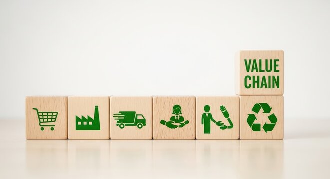 Value chain concept represented with wooden blocks isolated on transparent background