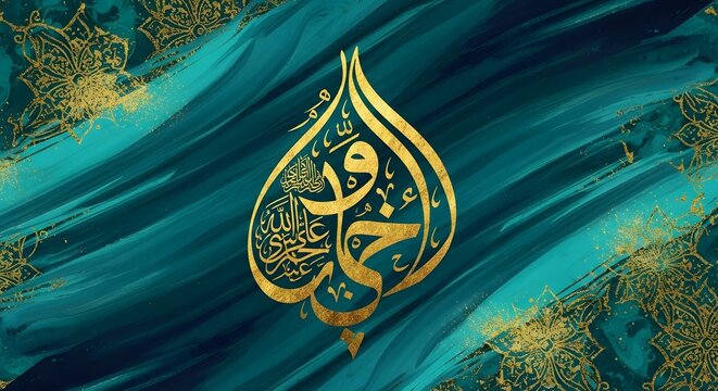 Elegant Islamic Calligraphy Abstract Digital Artwork Featuring Vibrant Teal Brushstrokes Gold Leaf Foil Accents Modern Arabic Script Canvas Design Contemporary Religious Spiritual Painting